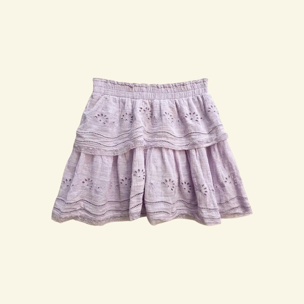 Lavender Purple Eyelet Lace‎ Tiered Ruffle Smocked Mini Skirt LARGE Stretchy